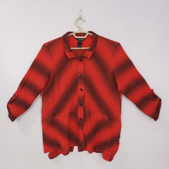 ALI MILES Tunic Top Size L Red Crinkle  Geometric  3/4 Tab Sleeves Artsy Comfy - Picture 1 of 14